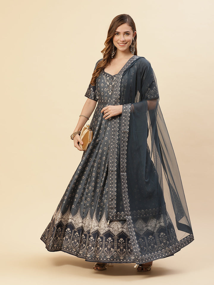Digital Printed Art Tussar Anarkali Kurti With Chudidar And Net Dupatta