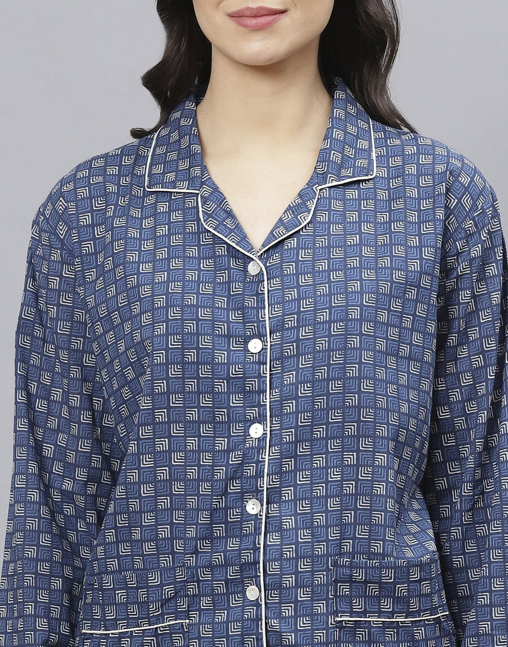 Navy Blue Cotton Printed Comfort Wear