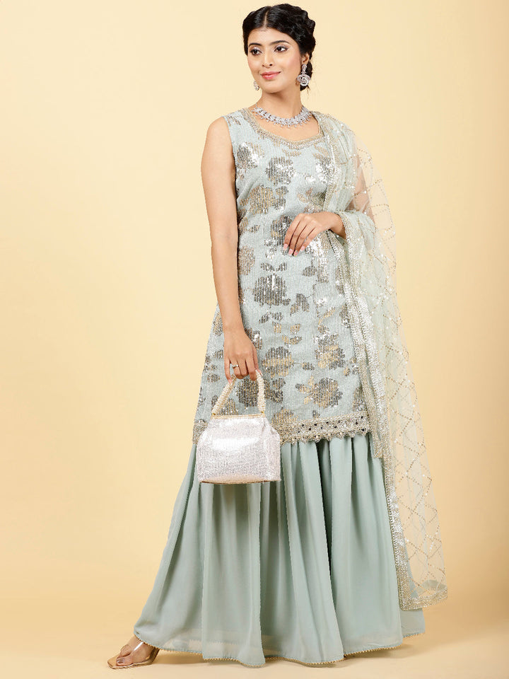 Sequin Georgette Kurta With Garara &amp; Dupatta