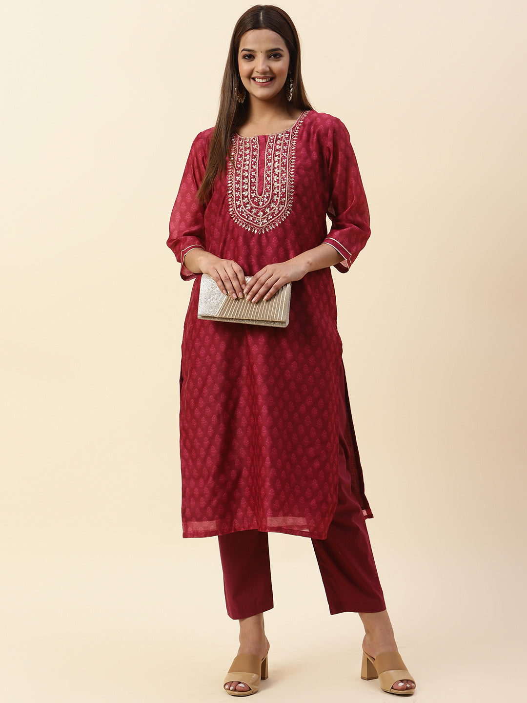 Printed &amp; Neck Embroidered Chanderi Kurta With Pants