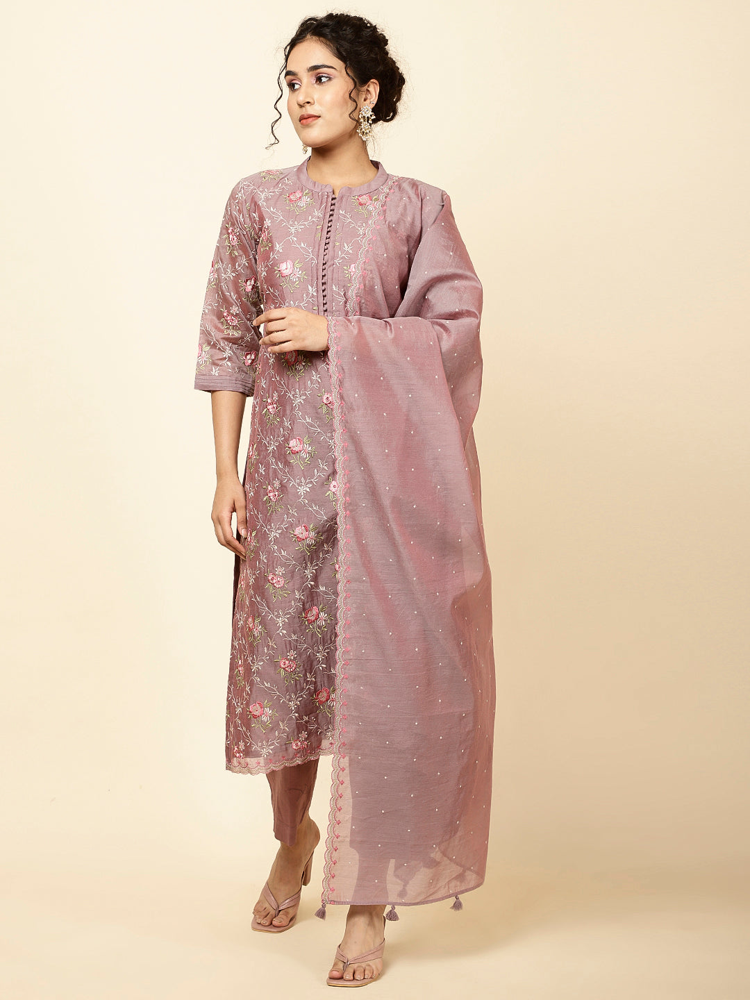 Embroidered Chanderi Kurta With Pants &amp; Dupatta