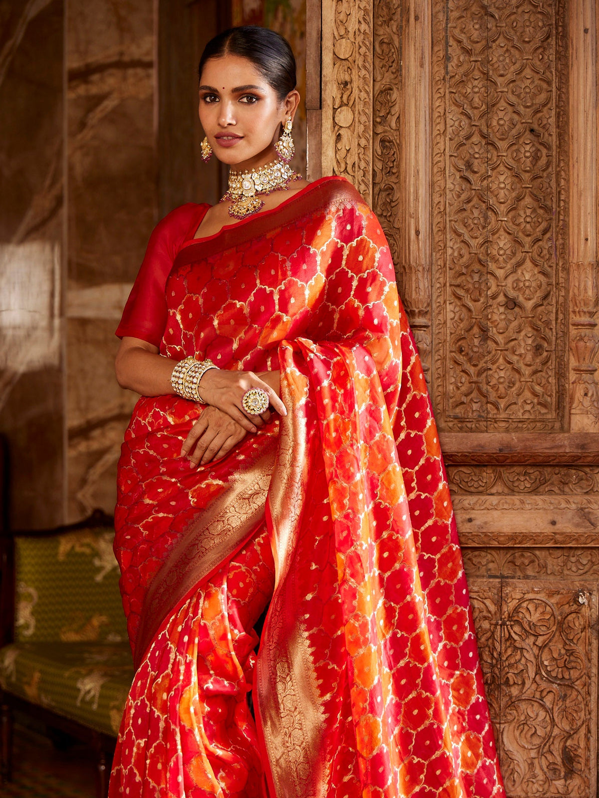 Zari Jaal Organza  Plain Saree