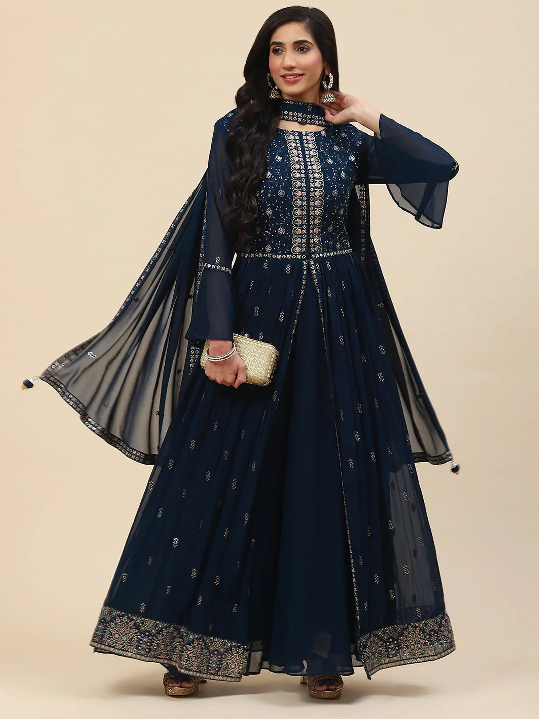 Sequin Embroidered Georgette Kurta With Palazzo &amp; Dupatta