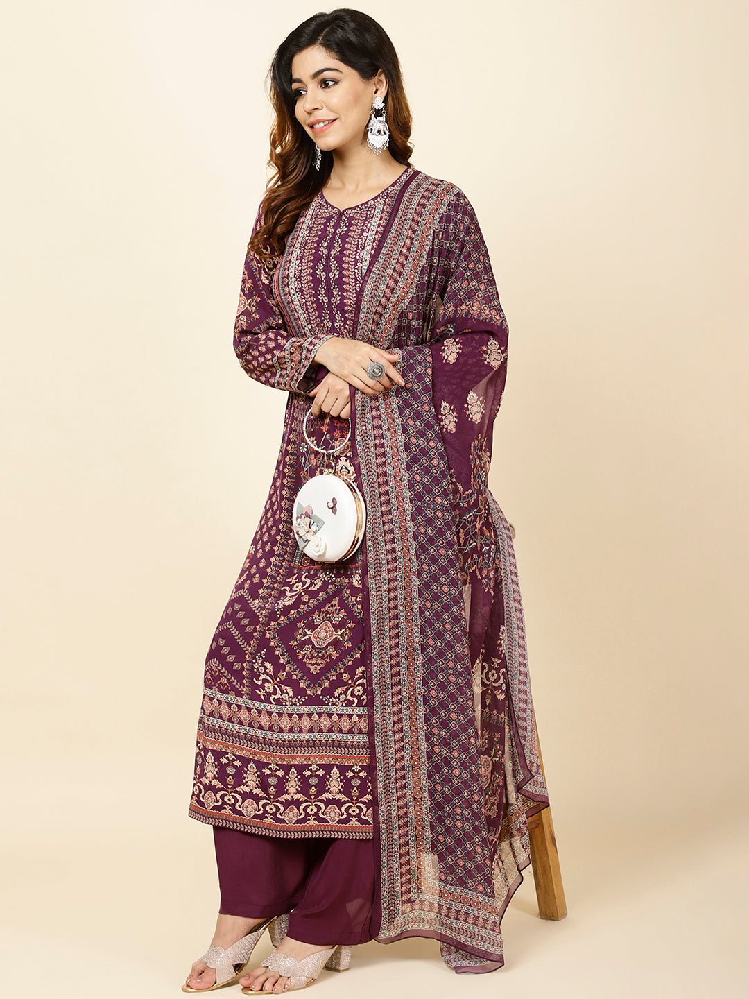 Digital Printed Crepe Kurta With Palazzo & Dupatta