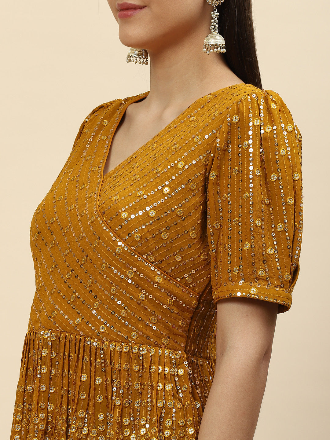 Sequin Embroidered Georgette Peplum Choli With Lehenga &amp; Dupatta