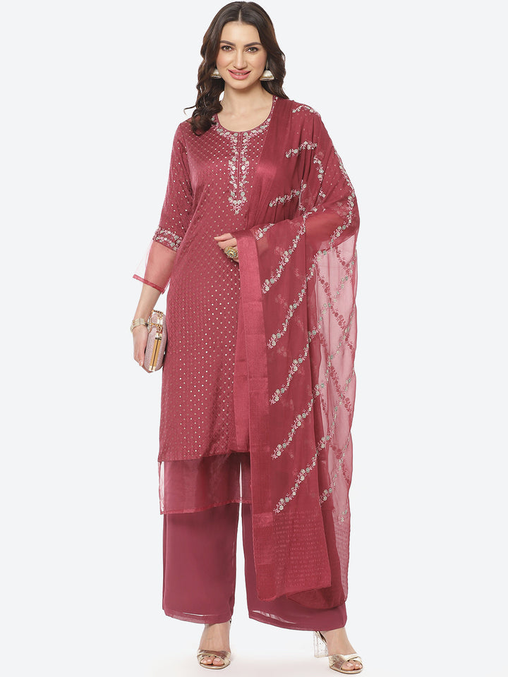 Resham Booti Neck Work Crepe Georgette Stitched Salwar Kameez With Embroidered Dupatta