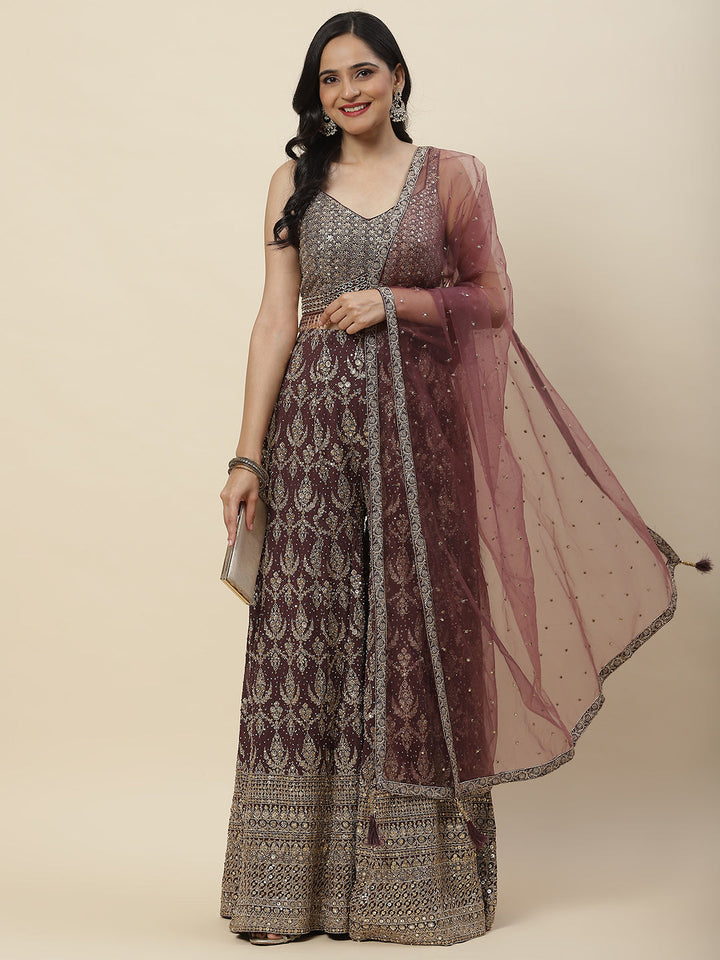 Sequin Zari Embroidered Georgette Crop Top With Palazzo &amp; Dupatta