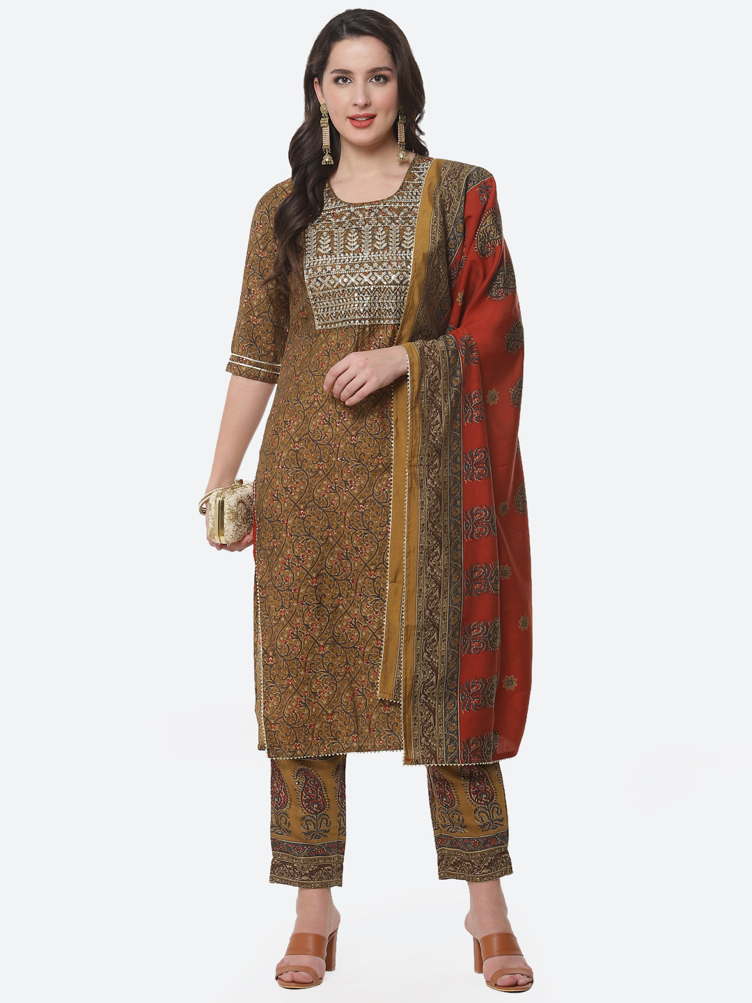 Cotton Muslin Printed Straight Kurti with Pant and Dupatta