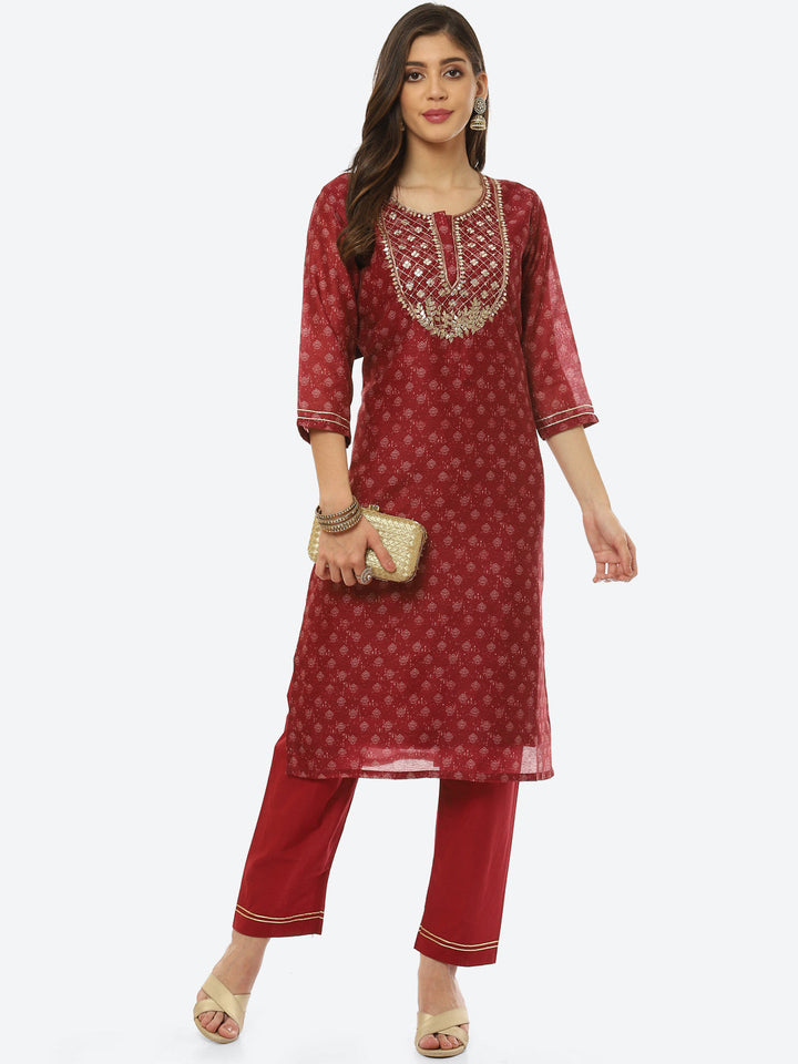 Gota Neck Printed Chanderi Kurta With Pant