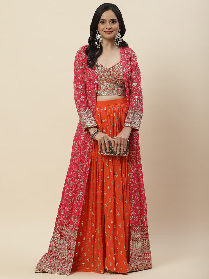 Zari Sequin Embroidered Georgette Crop Top With Palazzo &amp; Jacket