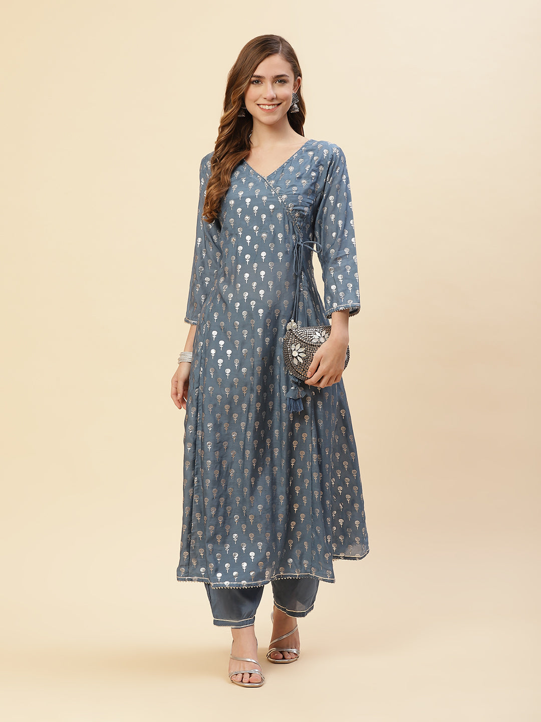 Cotton Muslin Zari Work Angrakha Kurti With Pant