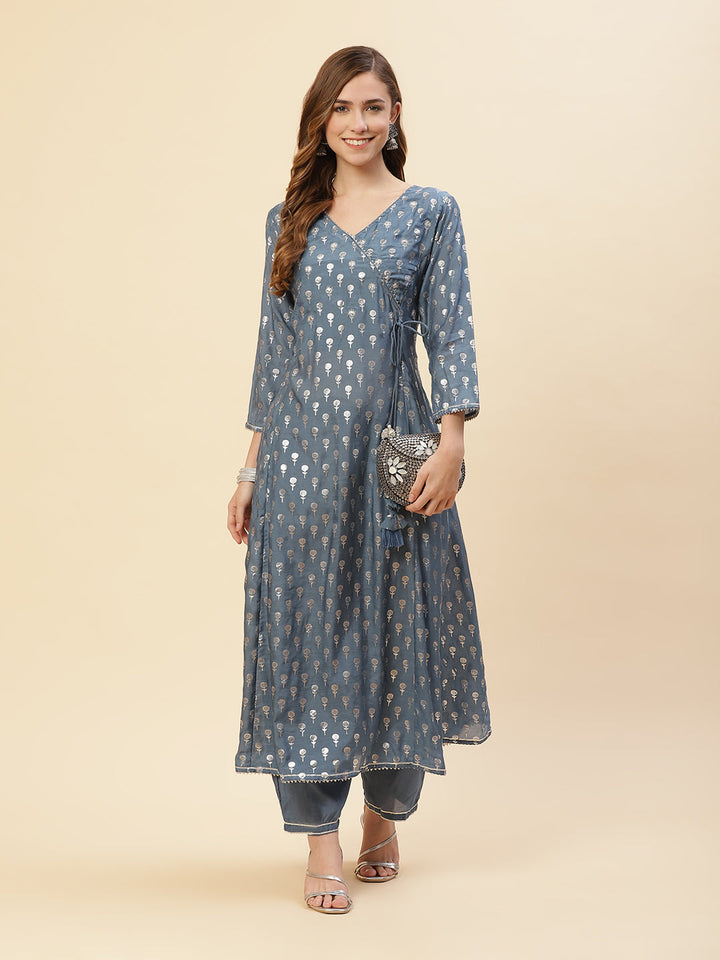 Cotton Muslin Zari Work Angrakha Kurti With Pant