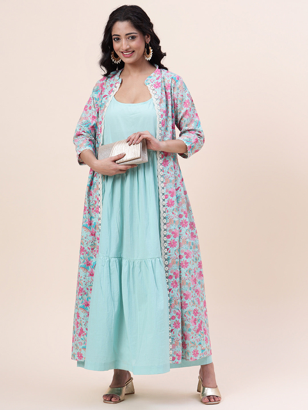 Floral Printed Cotton Gown With Jacket