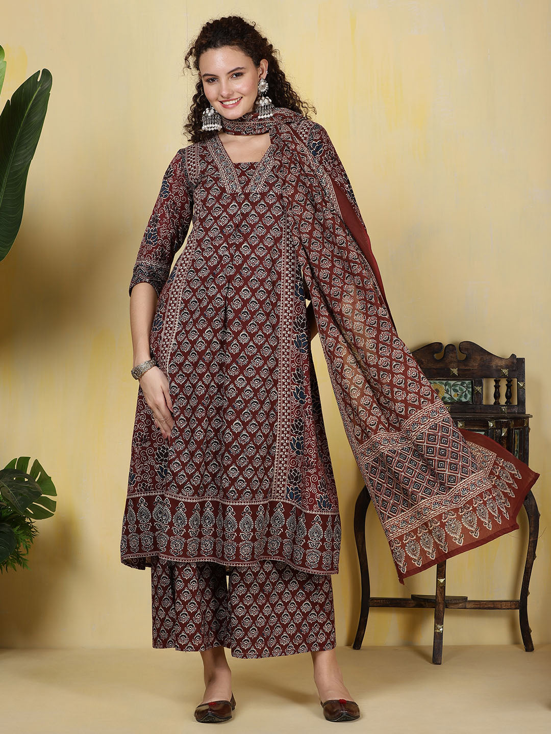 Printed Cotton Blend Kurta With Pants &amp; Dupatta