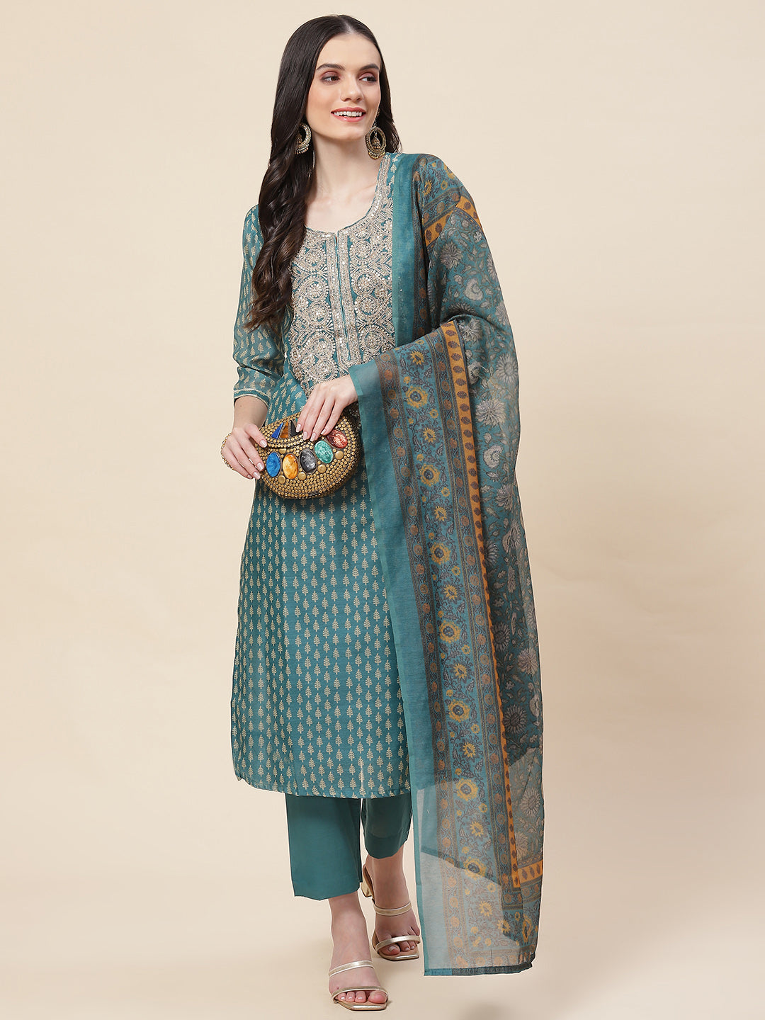 Printed &amp; Neck Embroidered Chanderi Kurta With Pants &amp; Dupatta