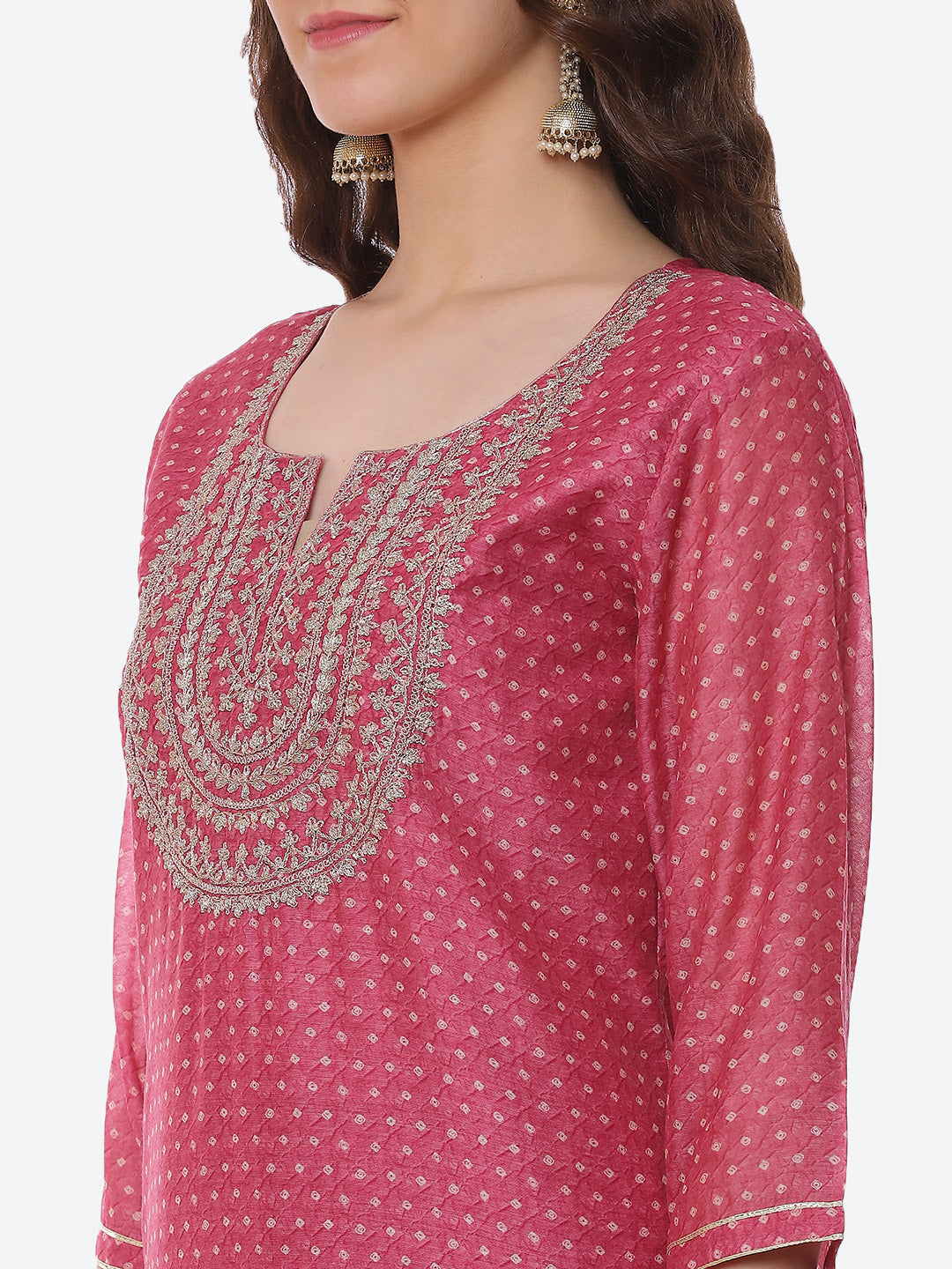 Zari Neck Embroidered Chanderi Kurta With Pant &amp; Dupatta