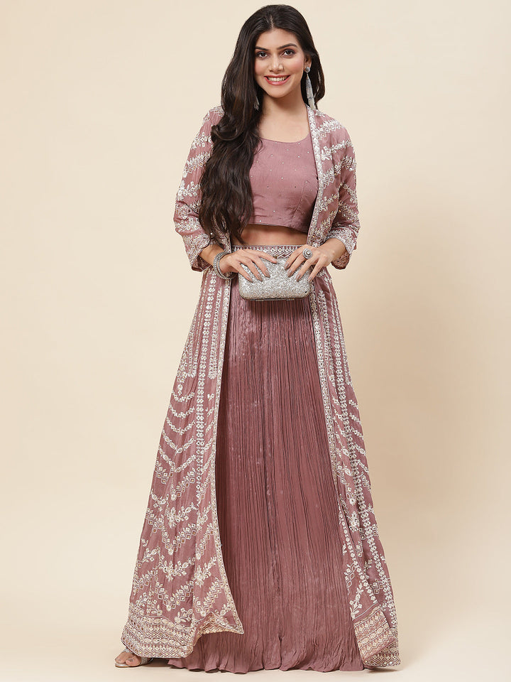 Resham Embroidered Crepe Choli With Lehenga &amp; Jacket