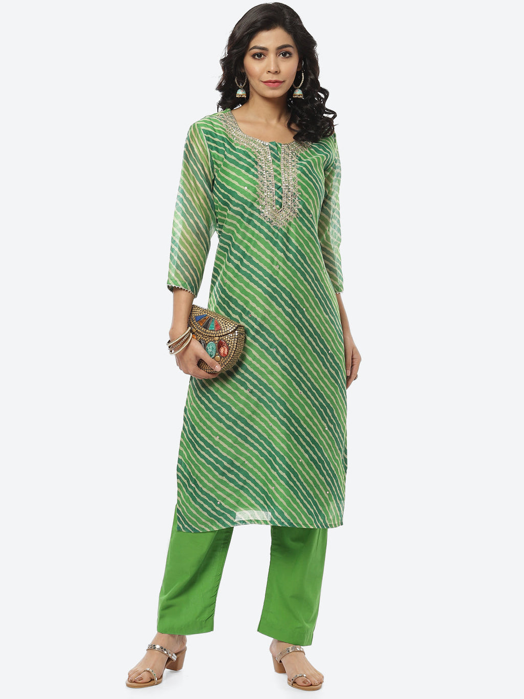 Printed Neck Embroidered Chanderi Kurti With Pant
