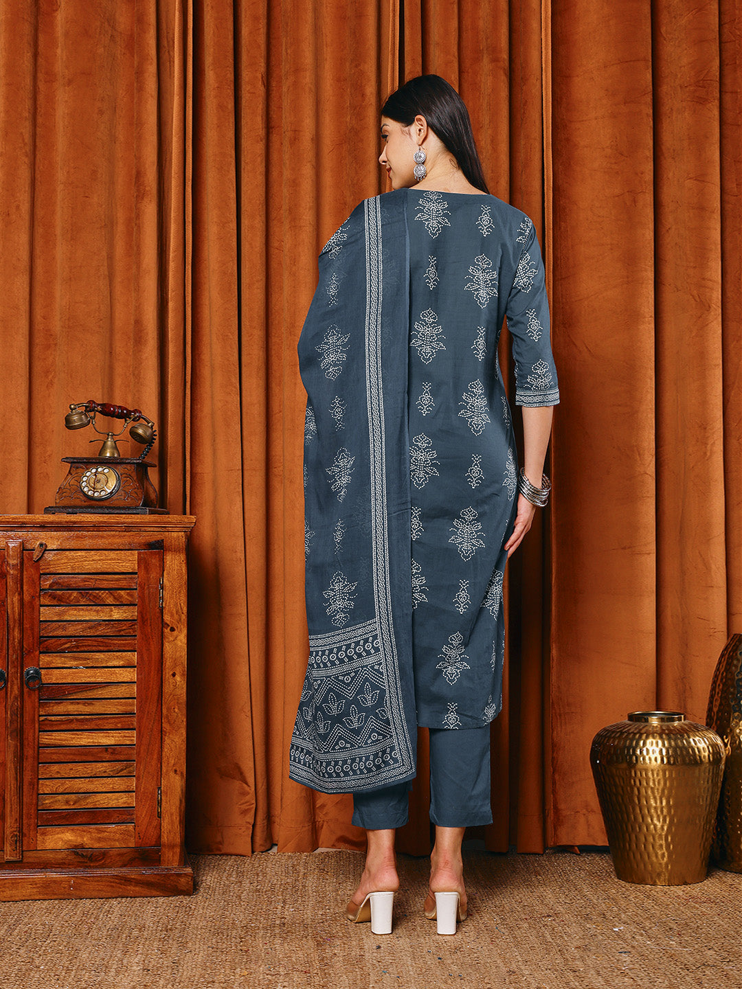 Printed Cotton Blend Kurta With Pants &amp; Dupatta