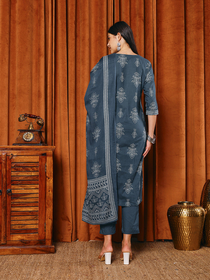 Printed Cotton Blend Kurta With Pants &amp; Dupatta
