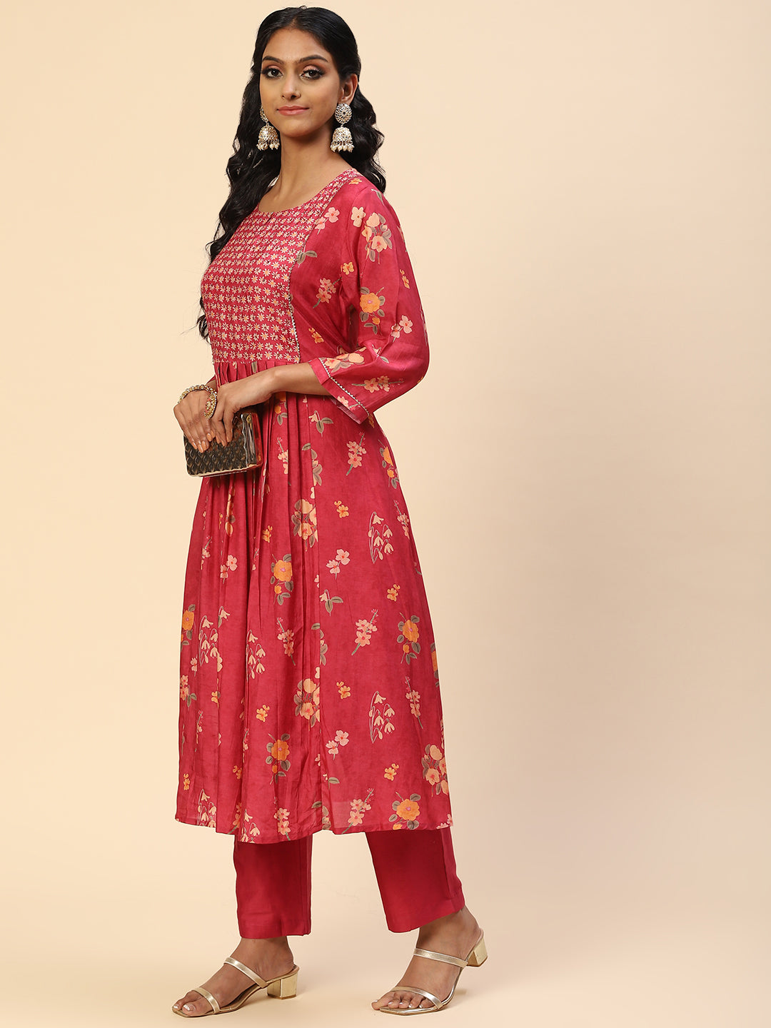 Floral Printed Embroidered Cotton Kurta With Pants