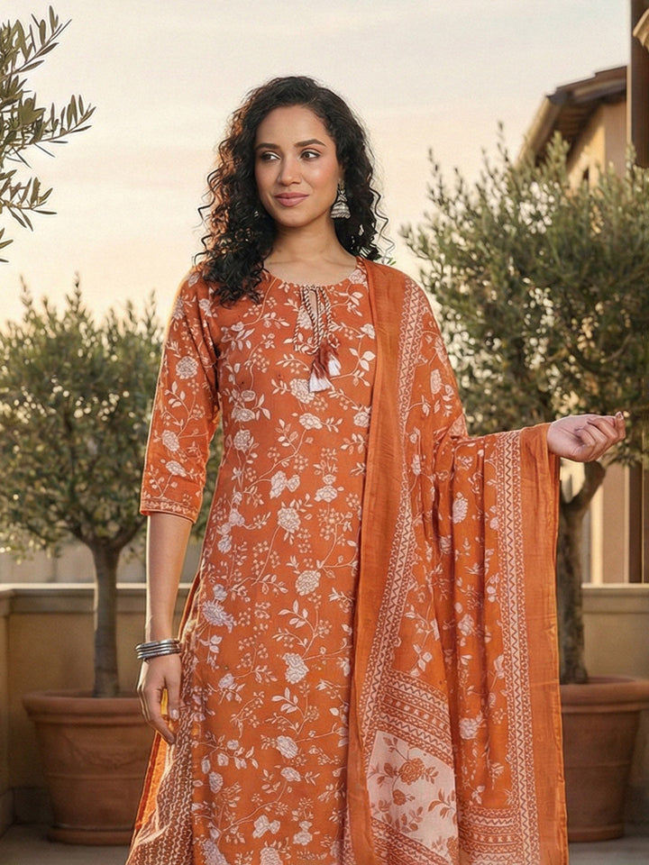 Printed Cotton Blend Kurta With Pant &amp; Dupatta
