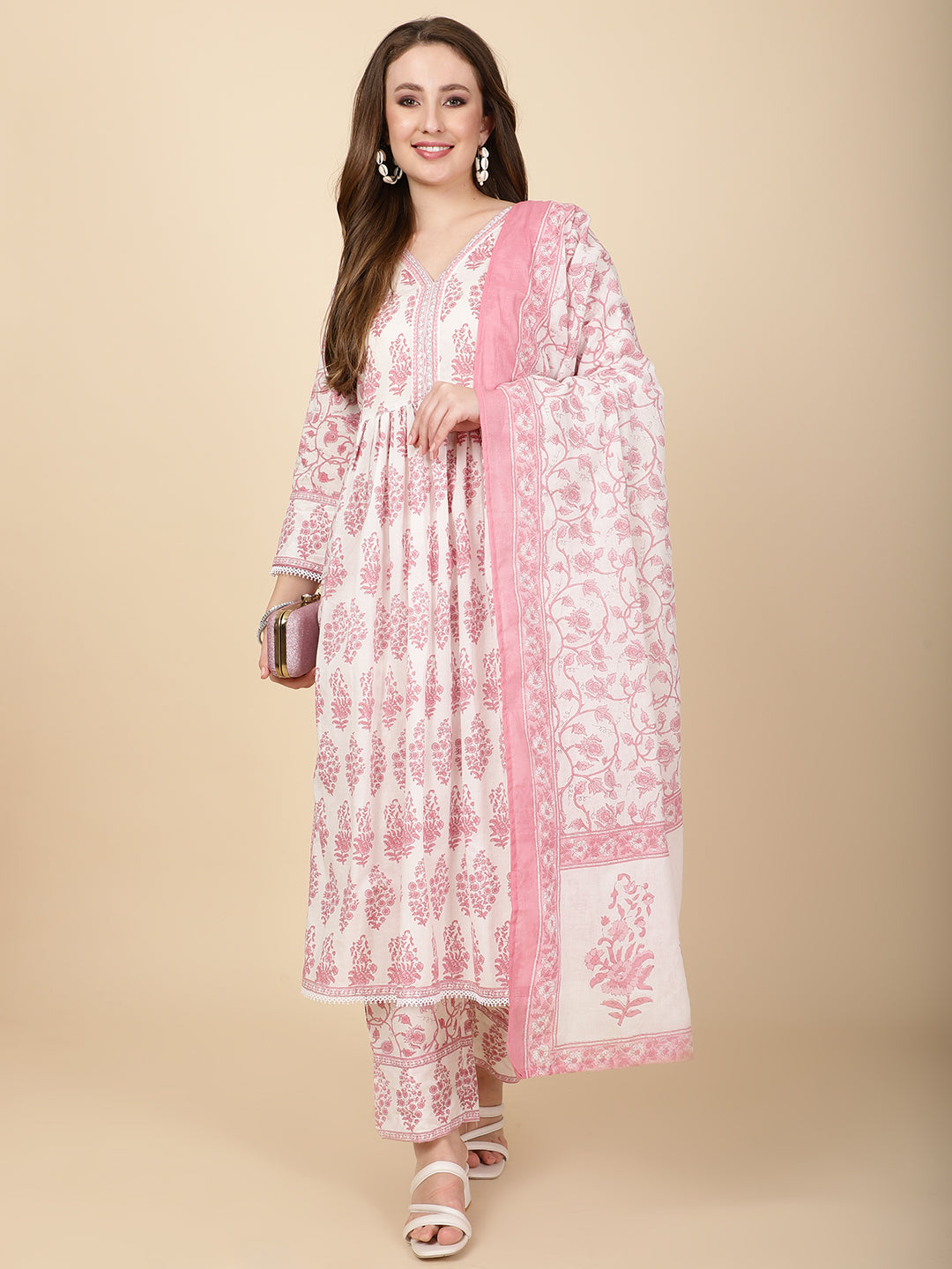 Floral Block Printed Cotton Kurta With Pants &amp; Dupatta