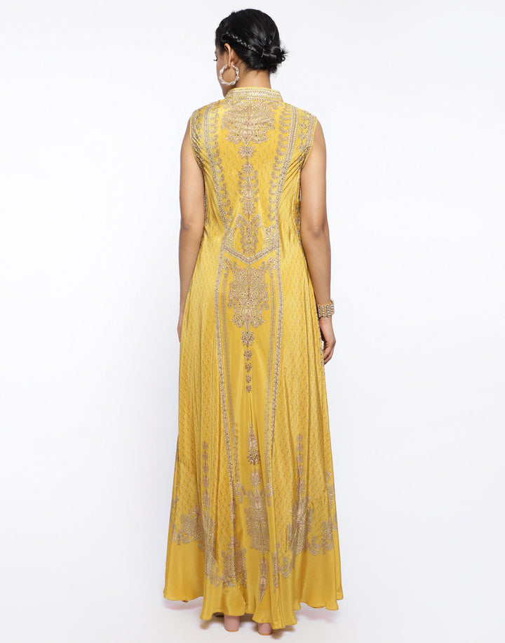 MBZ Meena Bazaar-Mustard Crepe Digital Printed Long Dress
