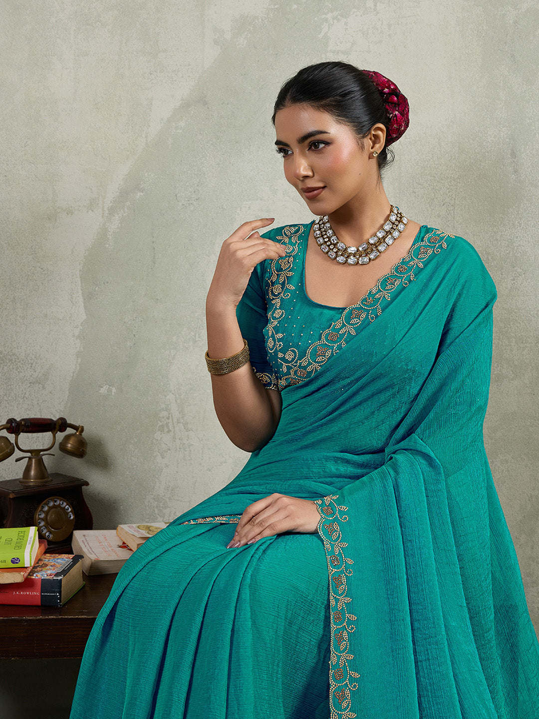 Embroidered Satin Saree