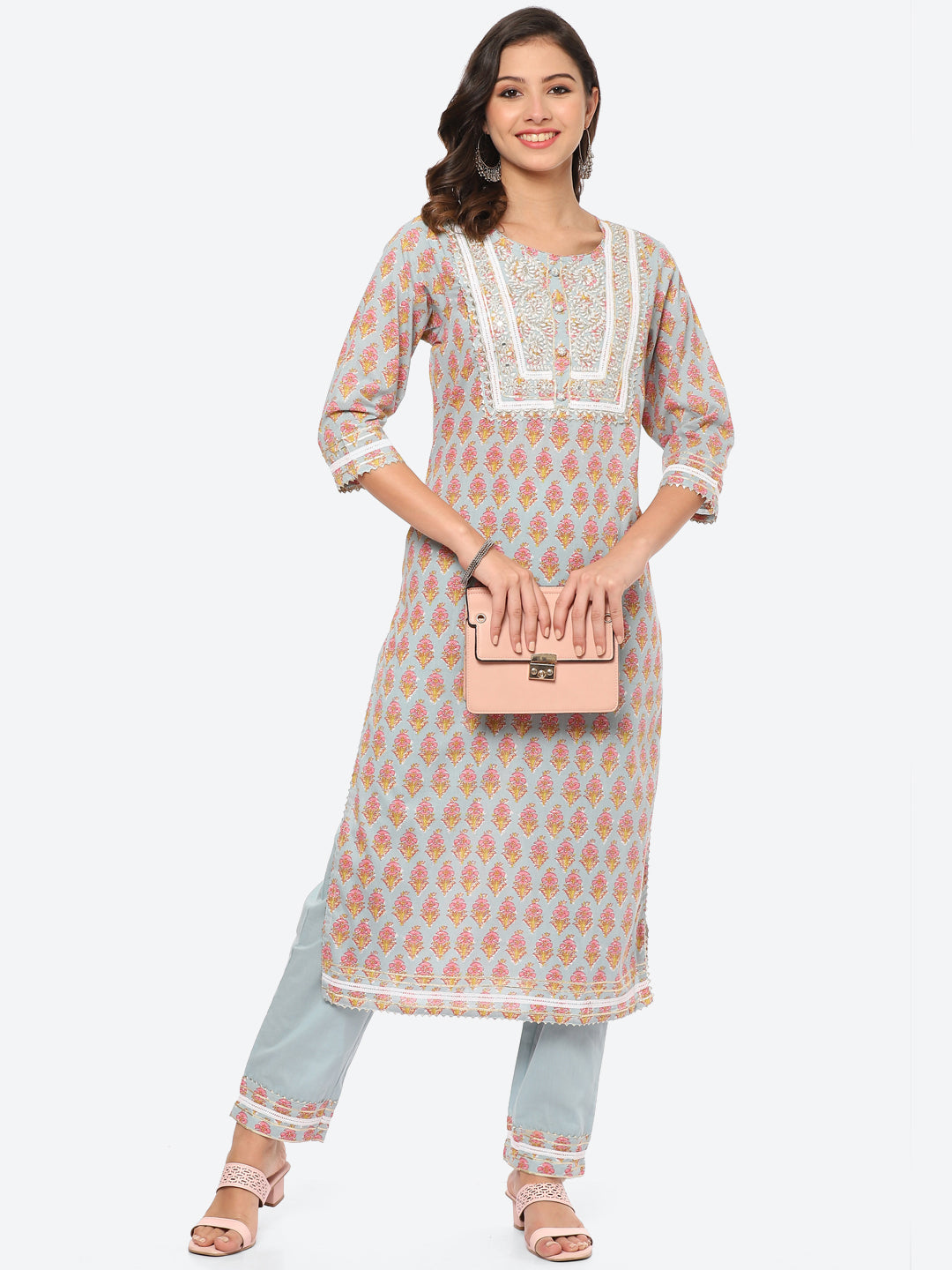 Zari Neck Embroidered Cotton Kurta With Palazzo