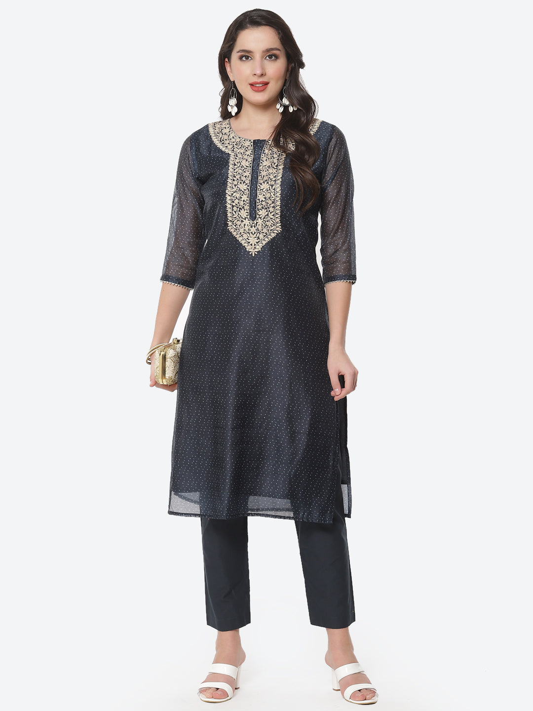 Neck Embroidered Chanderi Kurti With Pant