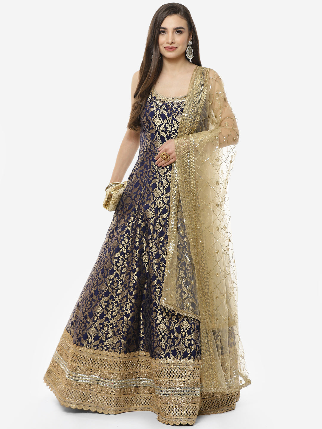 Zari Jaal Banarasi Handloom Stitched Anarkali Kurti With Net Dupatta