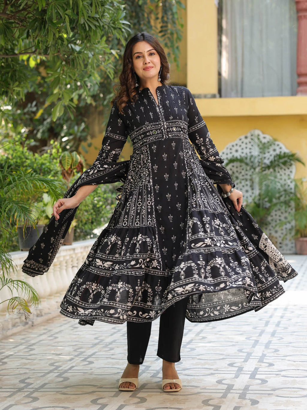 Black Cotton Blend Floral Printed Straight Suit Set