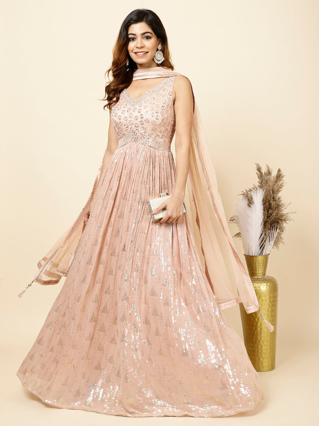 Sequence Embroidered Georgette Anarkali Kurta With Churidar &amp; Dupatta