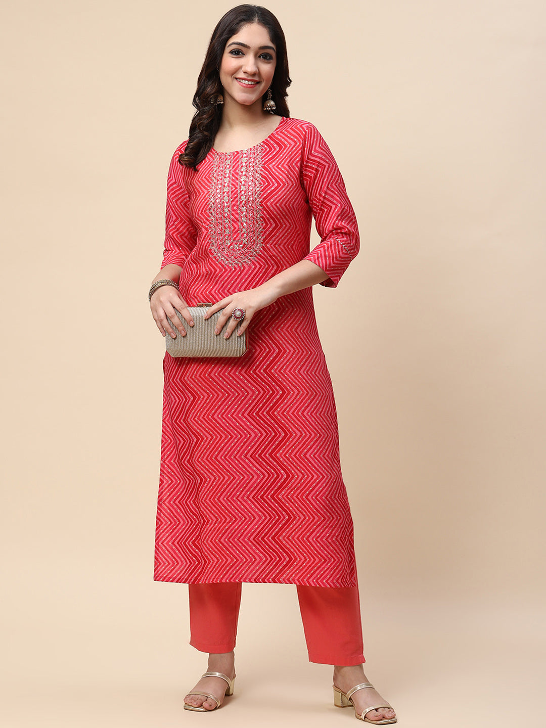 Printed &amp; Sequin Embroidered Muslin Kurta