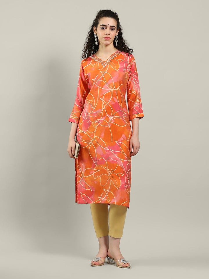 Printed Neck Embroidered Muslin Kurta
