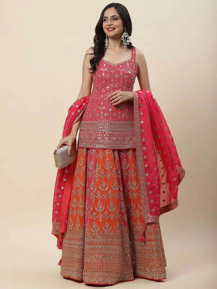 Zari Jaal Embroidered Georgette Kurti With Lehenga &amp; Dupatta