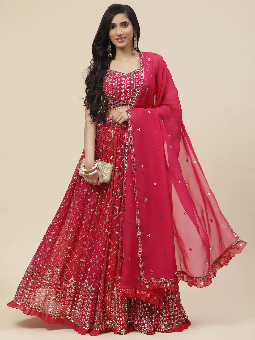 Resham Mirror Booti Georgette Choli With Lehenga &amp; Dupatta