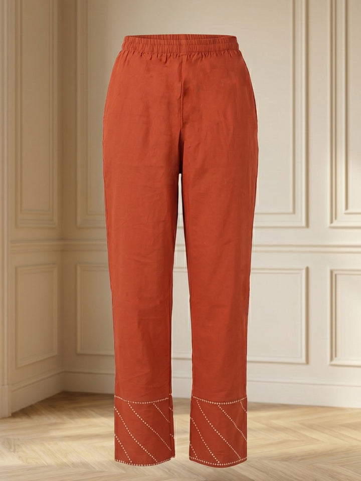 Rust Embroidered Cotton Blend Straight V Neck Suit Set