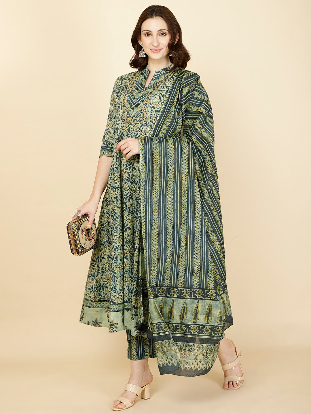 Floral Printed Cotton Anarkali Kurta With Pants &amp; Dupatta