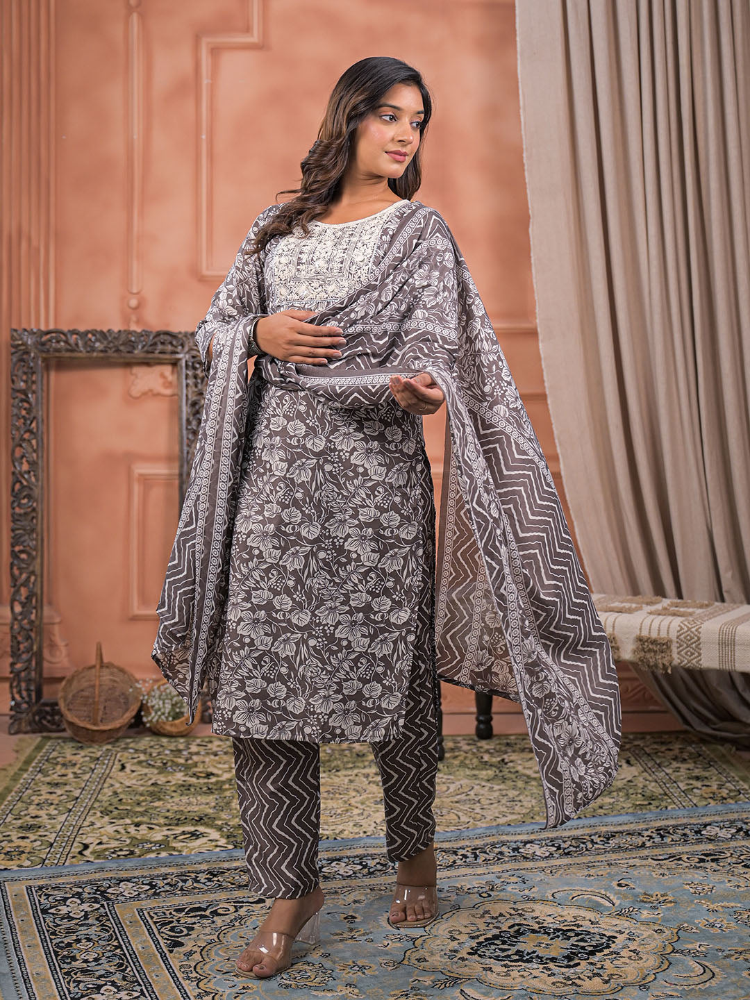 Printed Cotton Kurta With Pant &amp; Dupatta