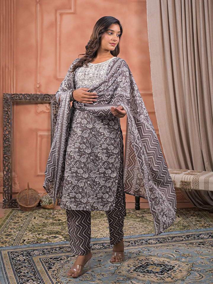 Printed Cotton Kurta With Pant &amp; Dupatta