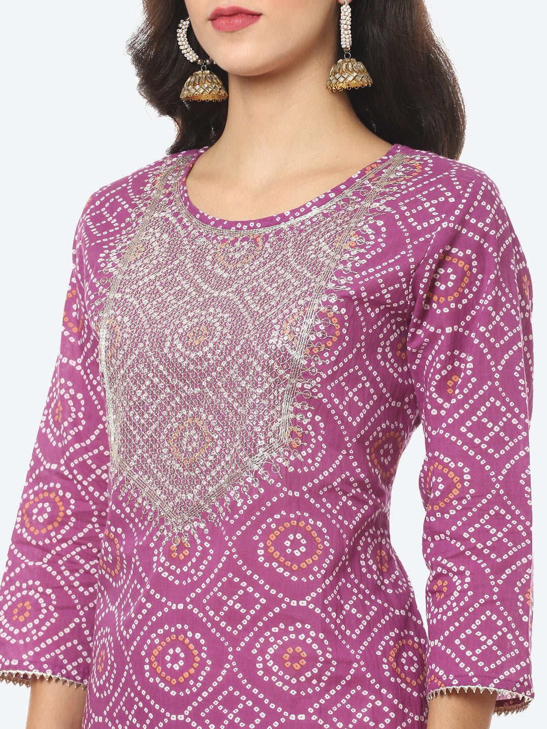 Yoke Embroided Bandhani Printed Cotton Kurti