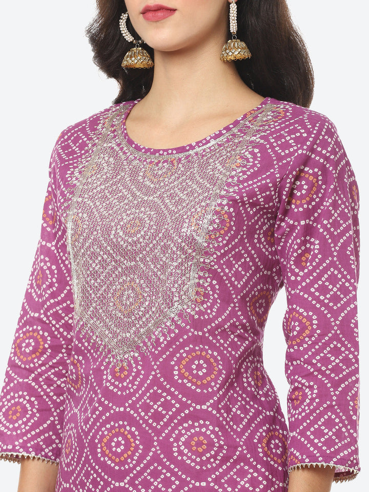 Yoke Embroided Bandhani Printed Cotton Kurti