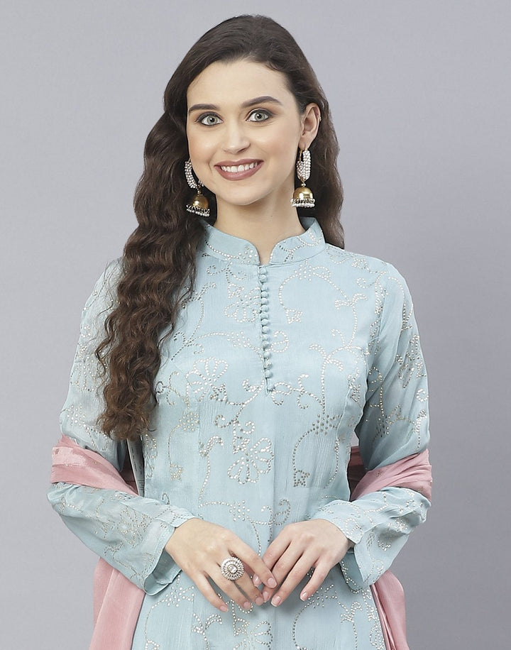 Aqua Blue and Pink Art Crepe Salwar Kameez