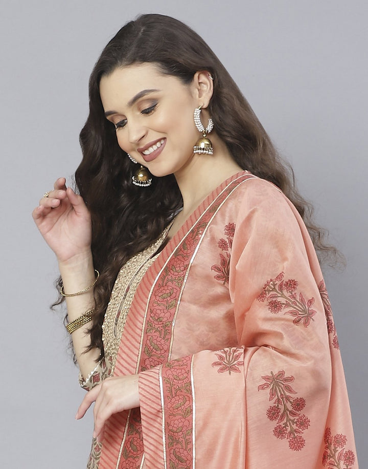 Peach and Firozee Cotton Chanderi Salwar Kameez