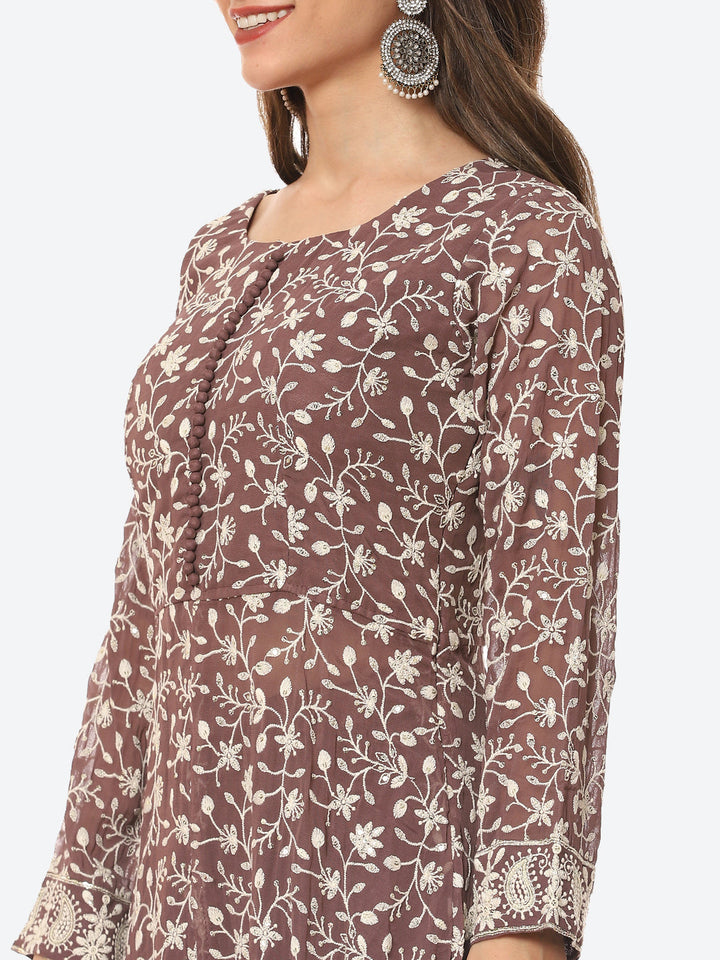 Resham Jaal Georgette Kurta With Palazzo &amp; Dupatta