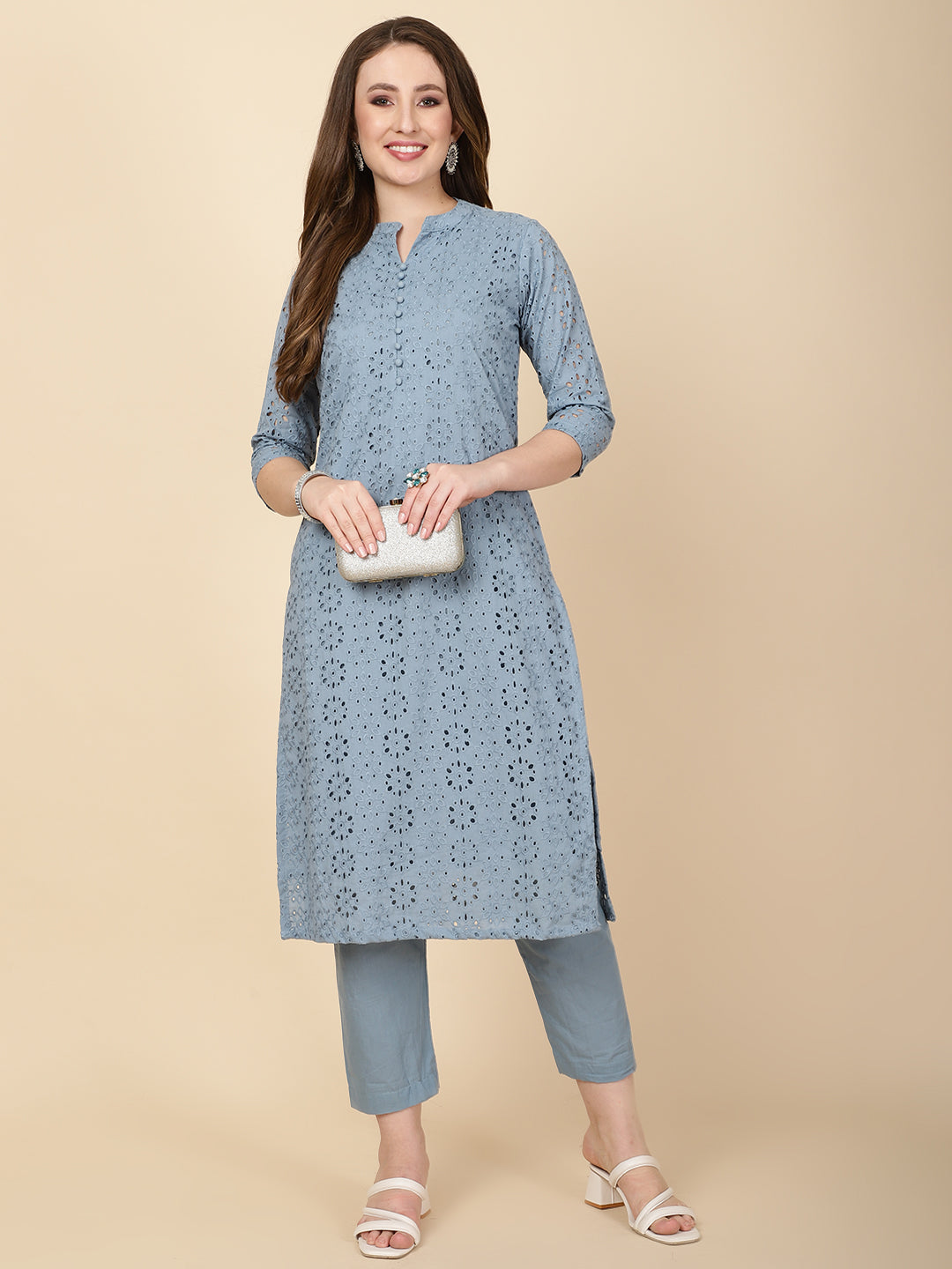 Schiffli Embroidery Cotton kurta With Pants