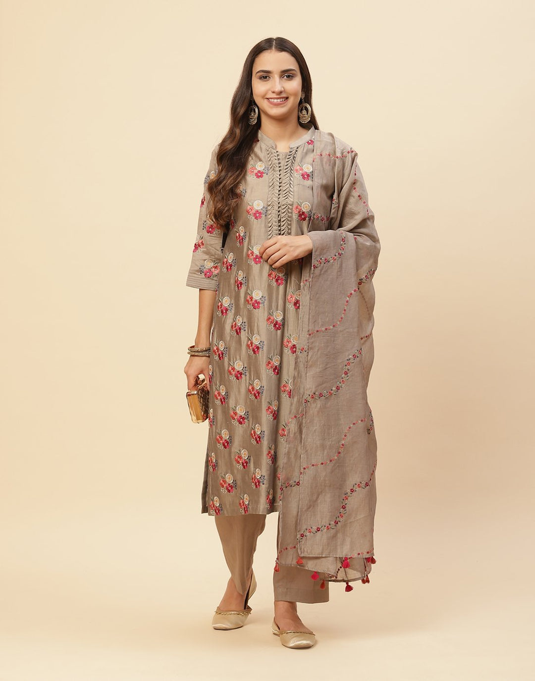 Resham Booti Embroidered Cotton Chanderi Stitched Salwar Kameez With Chanderi Dupatta