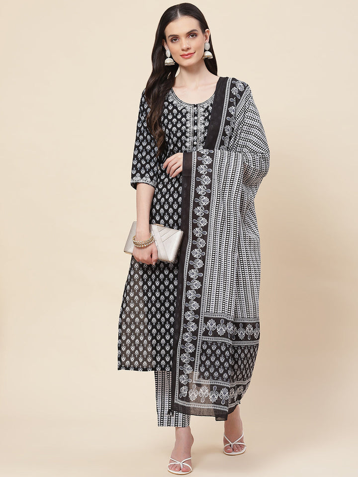 Printed Cotton Kurta With Pants &amp; Dupatta